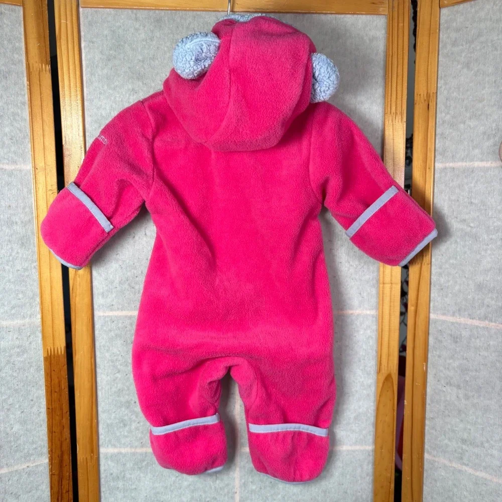 Columbia Fleece Bunting 0-3 Months Pink Hooded Bear Ears‎ Zip Up Snowsuit